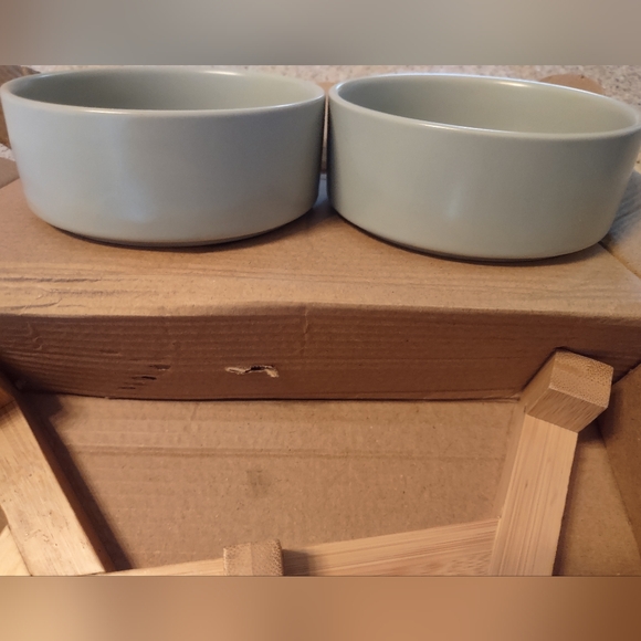 Never Used Gray Food & Water Bowls with Wooden Stand - Picture 3 of 3